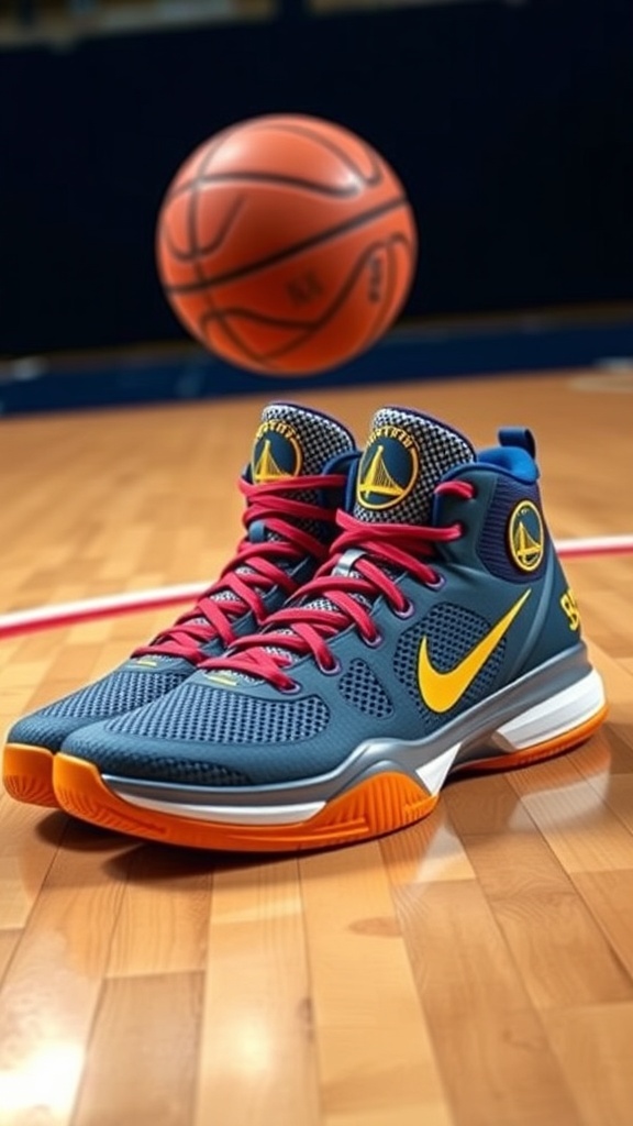 Steph Curry 5 basketball shoes on a court with a basketball.